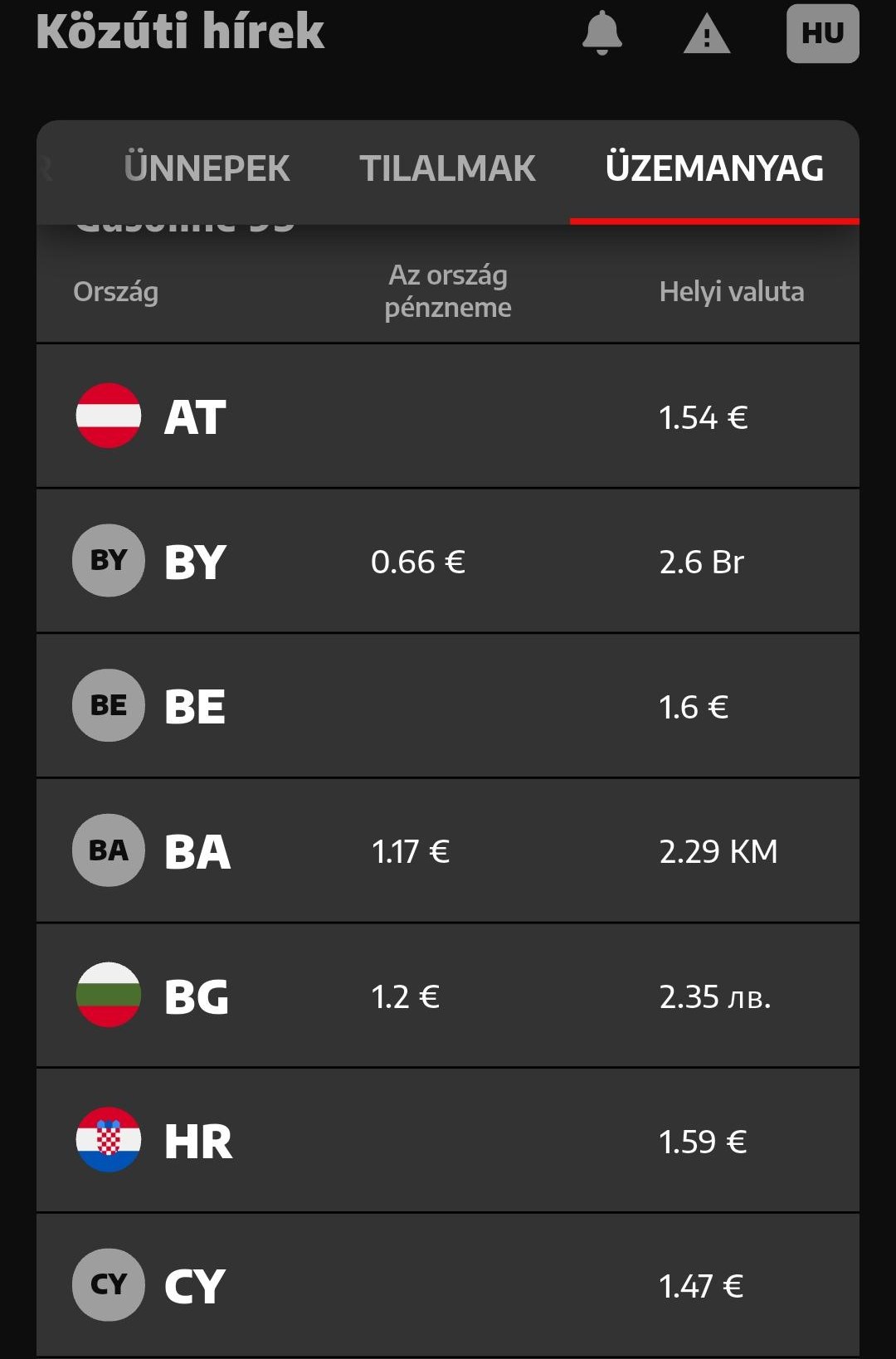 Közúti hírek az alkalmazásban